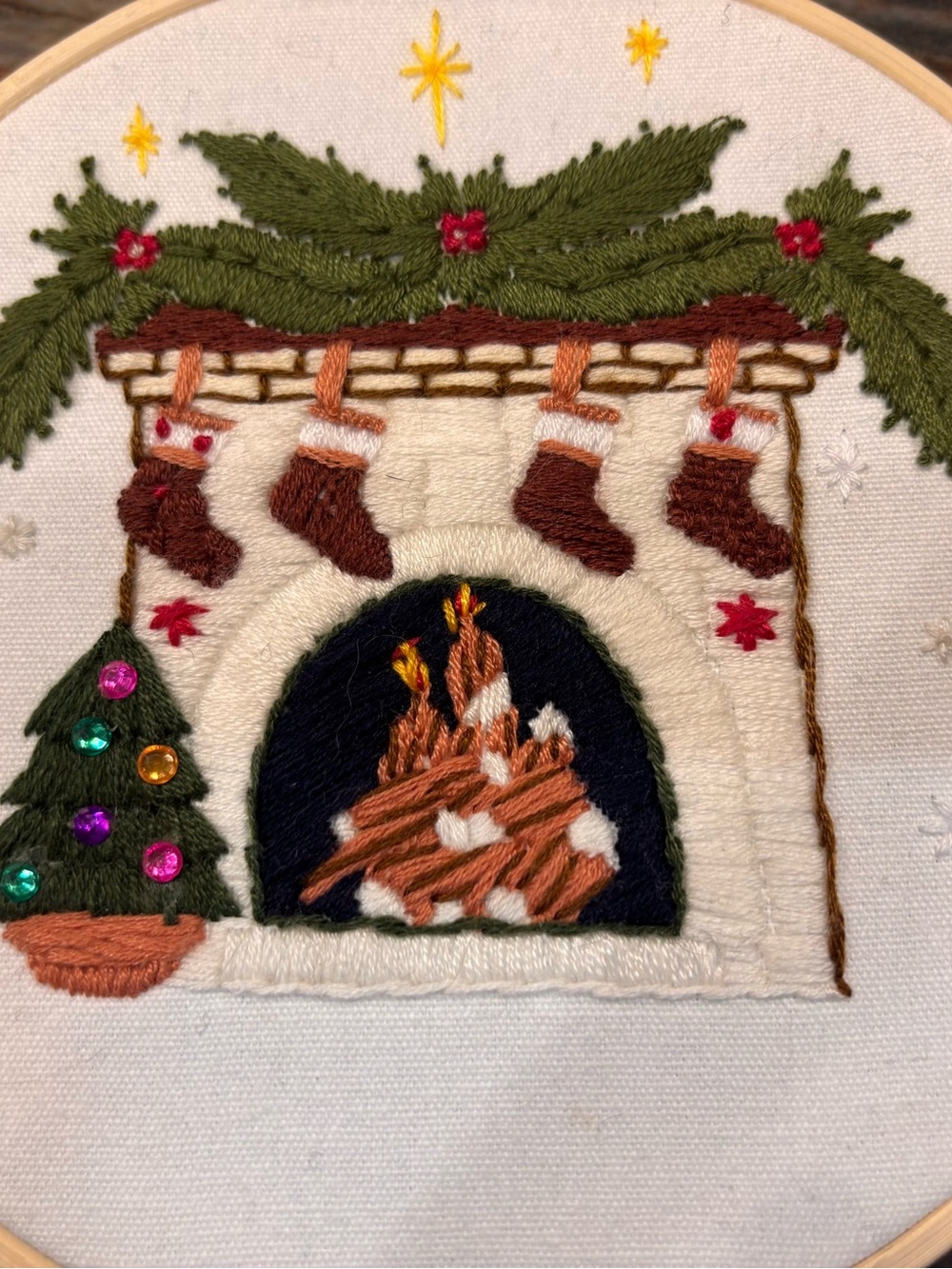 Hand-Embroidered 5” Holiday Fireplace Wall Art - Green, Brown, Red